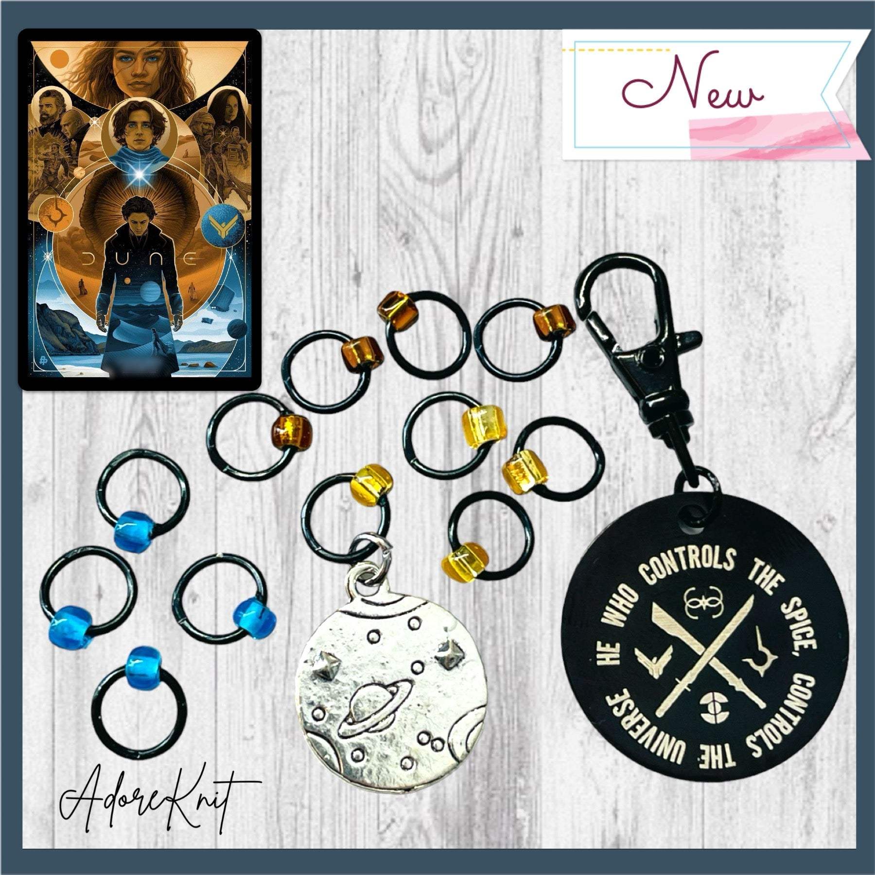 He Who Controls the Spice Progress and Universe Stitch MarkersAdoreKnitHe Who Controls the Spice Progress and Stitch Marker Set.  Inspired by the Frank Herbert's classic novel Dune.  1 of 4 marker sets in the Dune Collection created forUniverse Stitch Markers