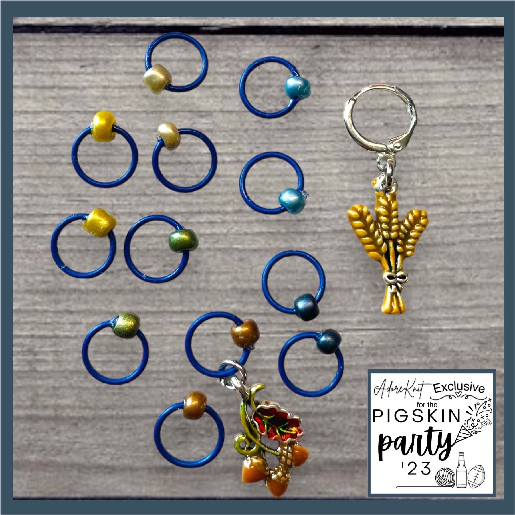 Fall Wheat Harvest Blue Chartreuse Progress and Stitch Marker Set 2023AdoreKnitThe 2023 AdoreKnit Exclusive Pigskin Party Fall Wheat Harvest Blue Progress and Stitch Marker Set!  This year the AdoreKnit Exclusive collection includes Pigskin ParFall Wheat Harvest Blue Chartreuse Progress