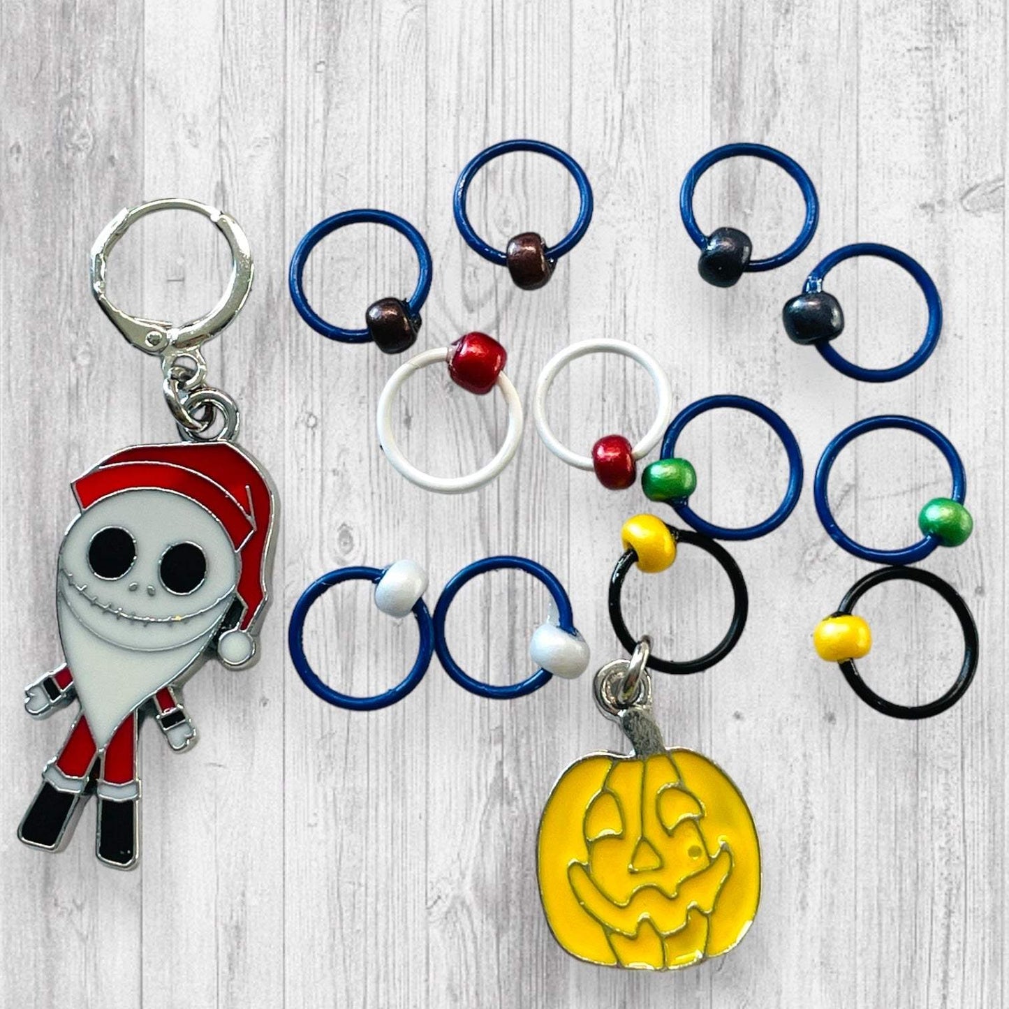 Santa Jack and Jack-o-lantern Progress and stitch markers - AdoreKnit