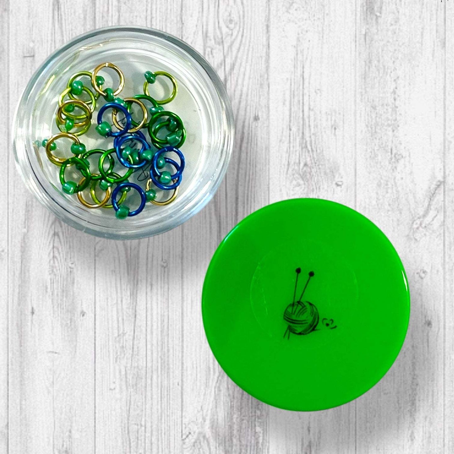 Sock Knitter's Companion Tiny Stitch Markers with Marker Container Green with Lustrous Green