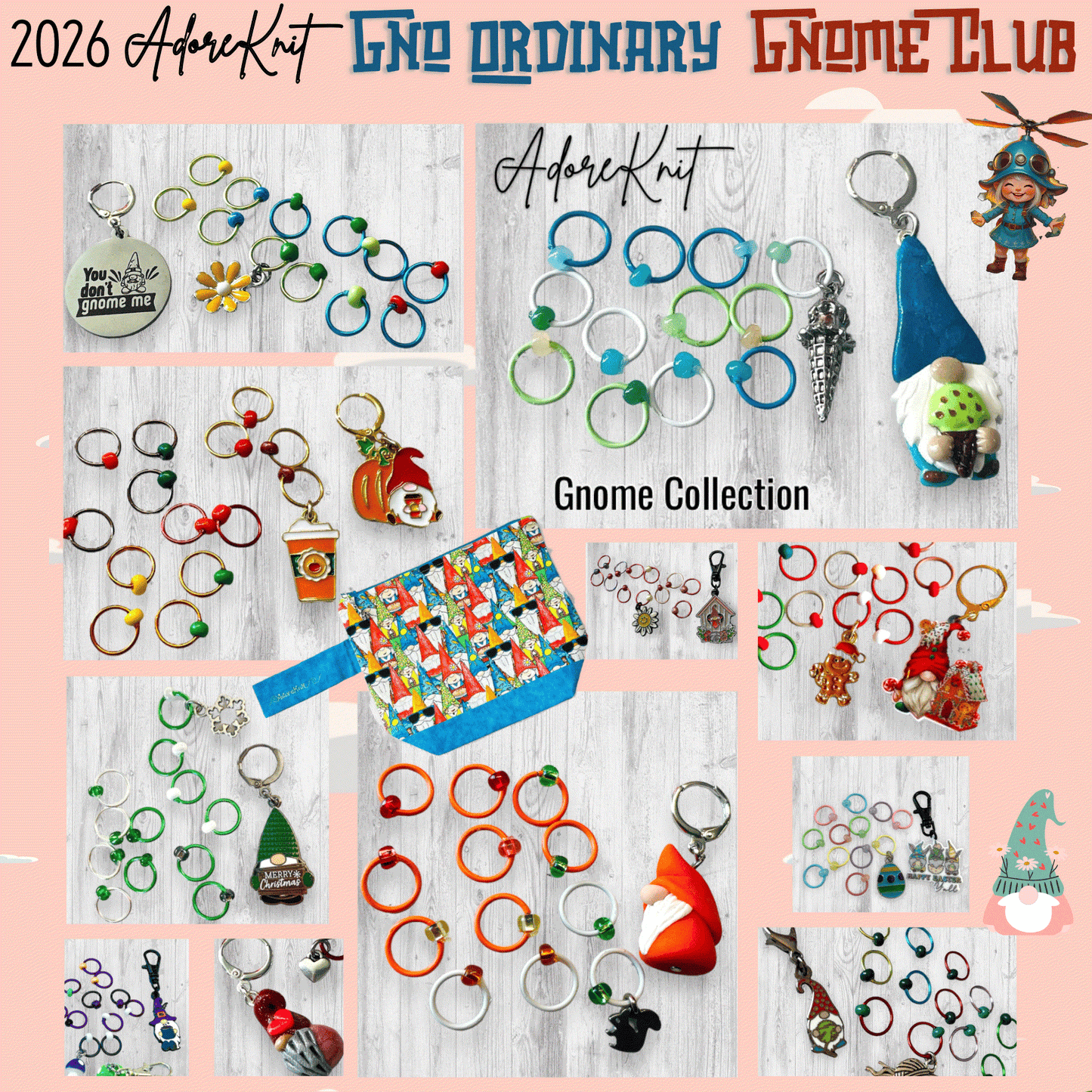 2026 GNo Ordinary GNOMES Countdown Club, 12 Days of Stitch & Progress Markers, Yarn, Project Bags