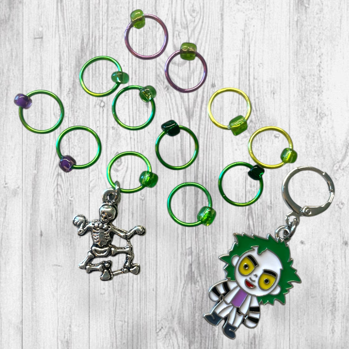 Beetlejuice and Skeletons Progress and Stitch Markers