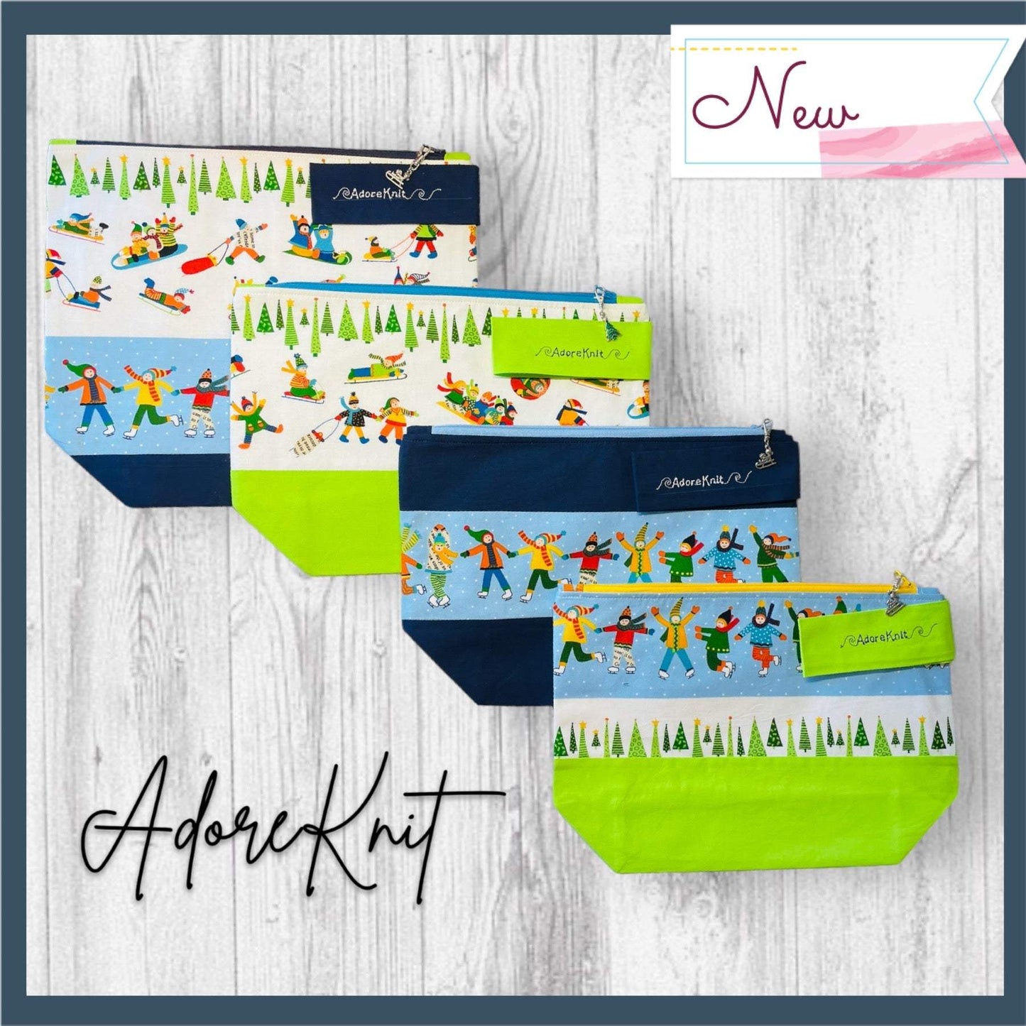 Snow Day Project Bag Navy Zipper - AdoreKnit