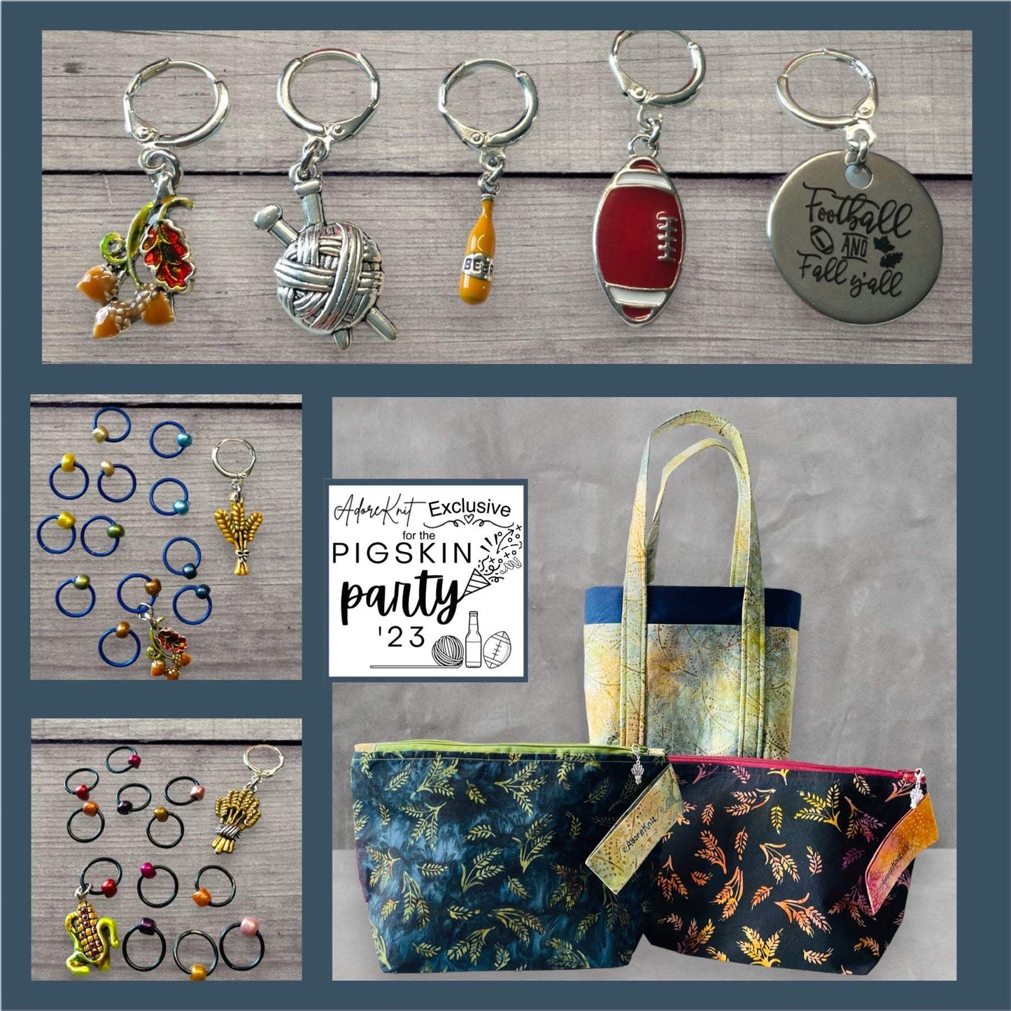 Fall Wheat Harvest Blue Chartreuse Progress and Stitch Marker Set 2023AdoreKnitThe 2023 AdoreKnit Exclusive Pigskin Party Fall Wheat Harvest Blue Progress and Stitch Marker Set!  This year the AdoreKnit Exclusive collection includes Pigskin ParFall Wheat Harvest Blue Chartreuse Progress