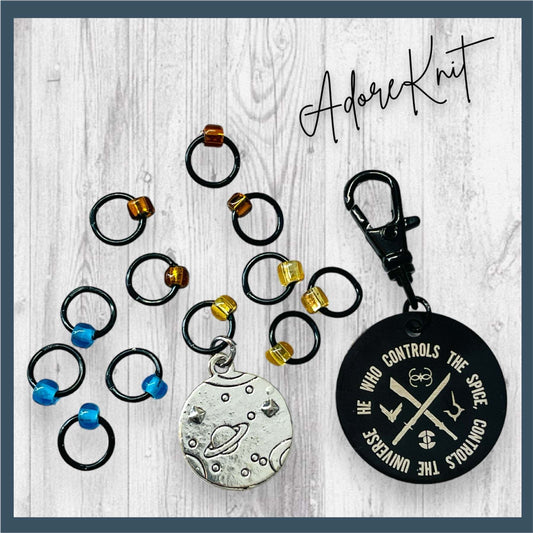 He Who Controls the Spice Progress and Universe Stitch MarkersAdoreKnitHe Who Controls the Spice Progress and Stitch Marker Set.  Inspired by the Frank Herbert's classic novel Dune.  1 of 4 marker sets in the Dune Collection created forUniverse Stitch Markers