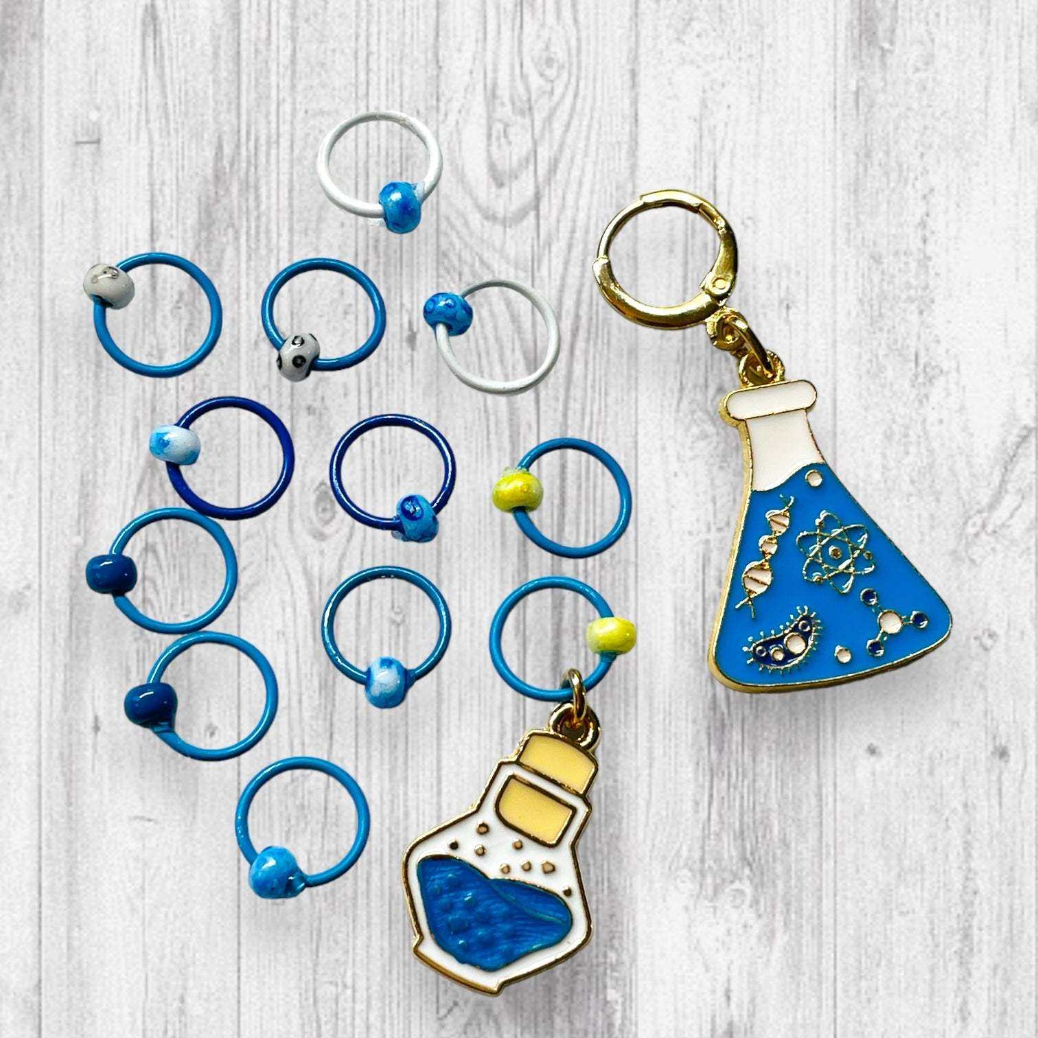 Glass Half Full of Science Progress and Stitch Markers - AdoreKnit