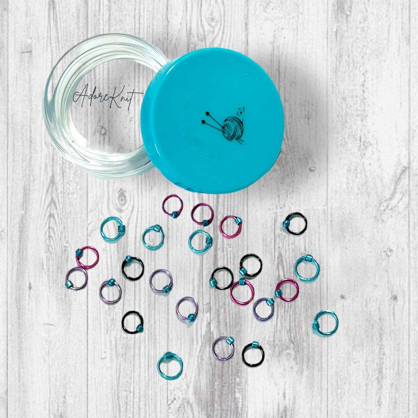 Sock Knitter's Companion Tiny Stitch Markers with Marker Container Aqua with Metallic Blue