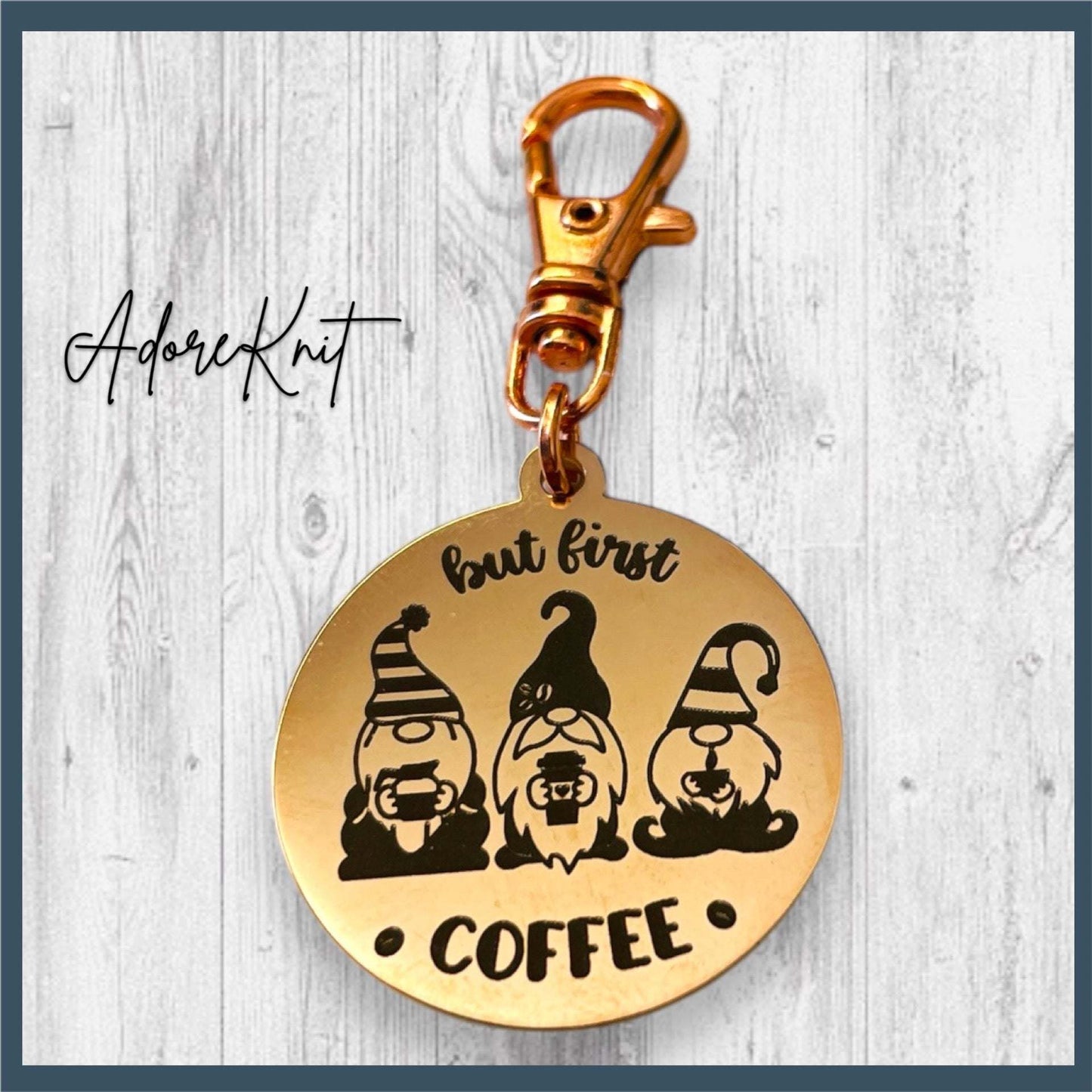 But First GNOME Coffee Progress and Stitch Markers