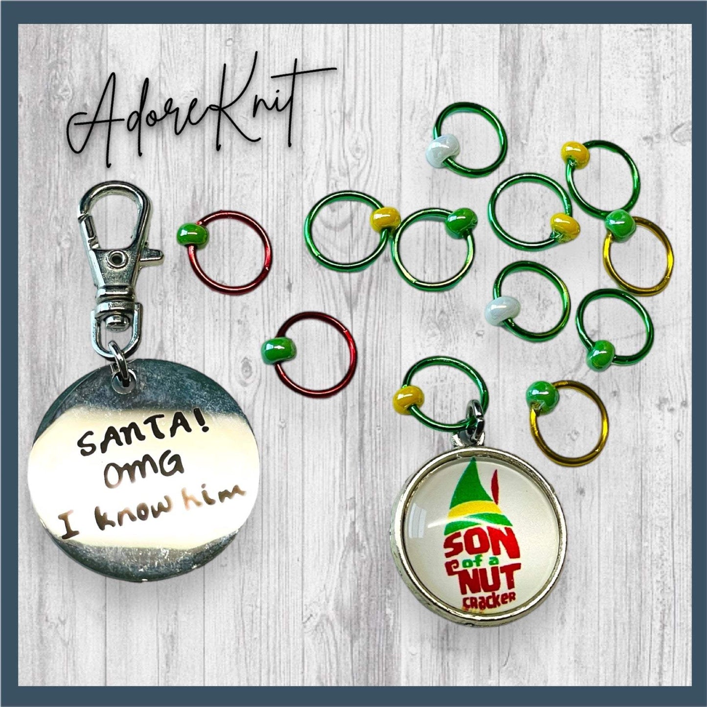 Son of a Nutcracker! Progress and Stitch MarkersAdoreKnit"Son of A Nutcracker" or "Santa OMG I Know Him!” Stitch Markers and Progress Marker. Based on the beloved 2003 movie with Buddy the Elf. Great for your holiday knittStitch Markers