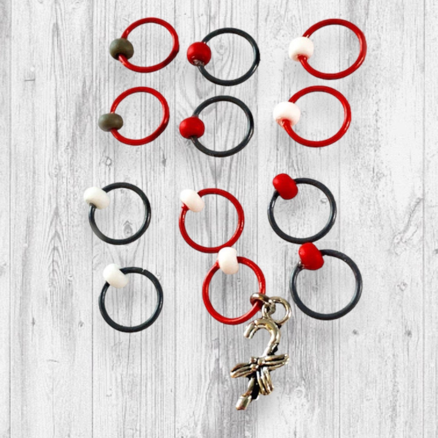 2022 Pigskin Party Candy Cane Christmas Gnome Progress and Stitch Markers Red LG - AdoreKnit