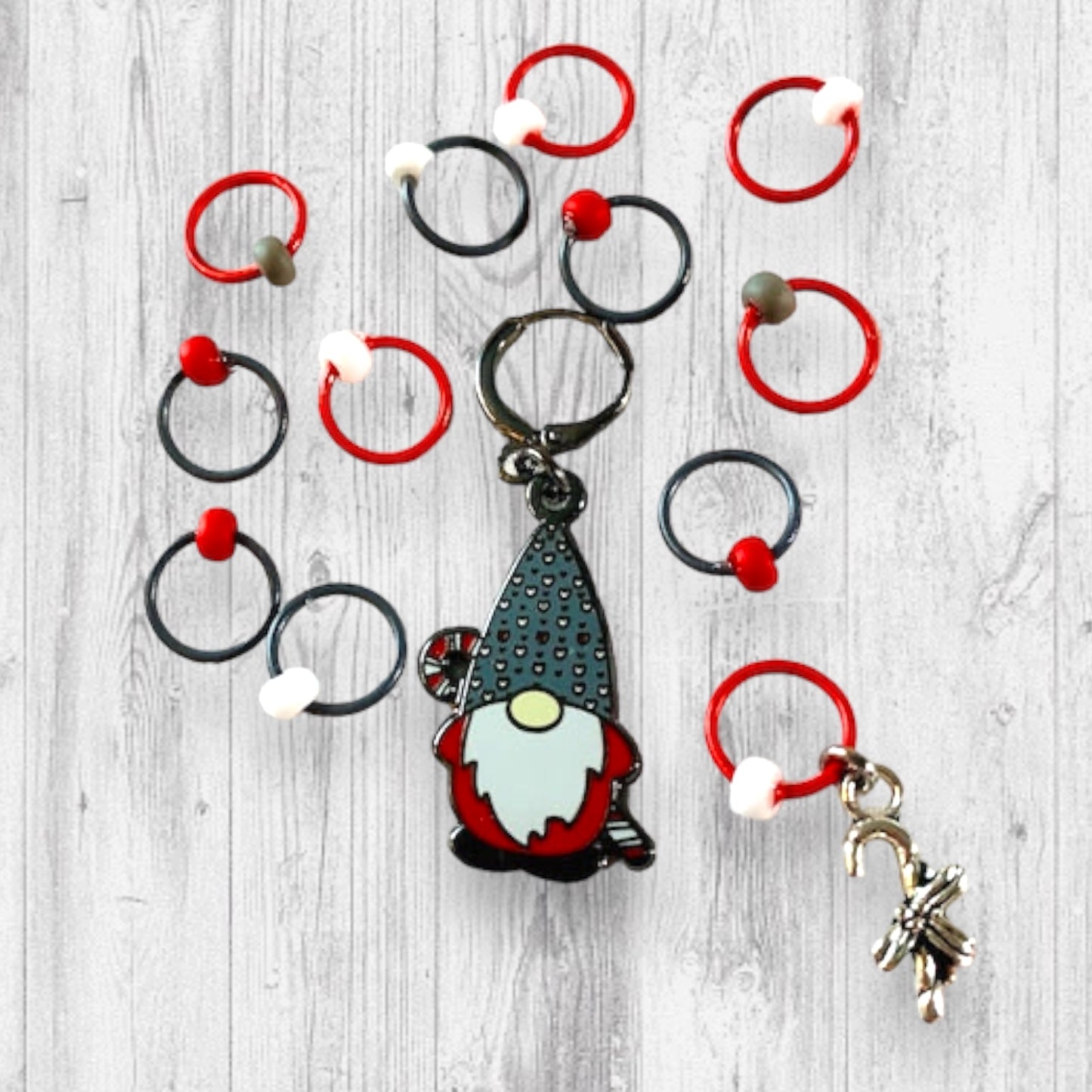 2022 Pigskin Party Candy Cane Christmas Gnome Progress and Stitch Markers Red LG - AdoreKnit