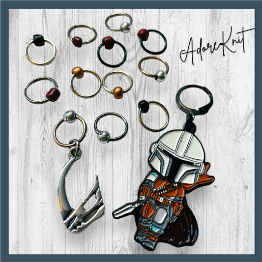 Next Generation Bounty Hunter Progress and Stitch MarkersAdoreKnitNext Generation Bounty Hunter Progress and Stitch Markers. Inspired by The Mandalorian, Din Djarin from the Mandalorian Series.  The prefect gift for a knitter! ThesGeneration Bounty Hunter Progress