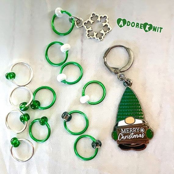 2022 Pigskin Party Merry Christmas Gnome Progress and Stitch Markers GREEN - AdoreKnit