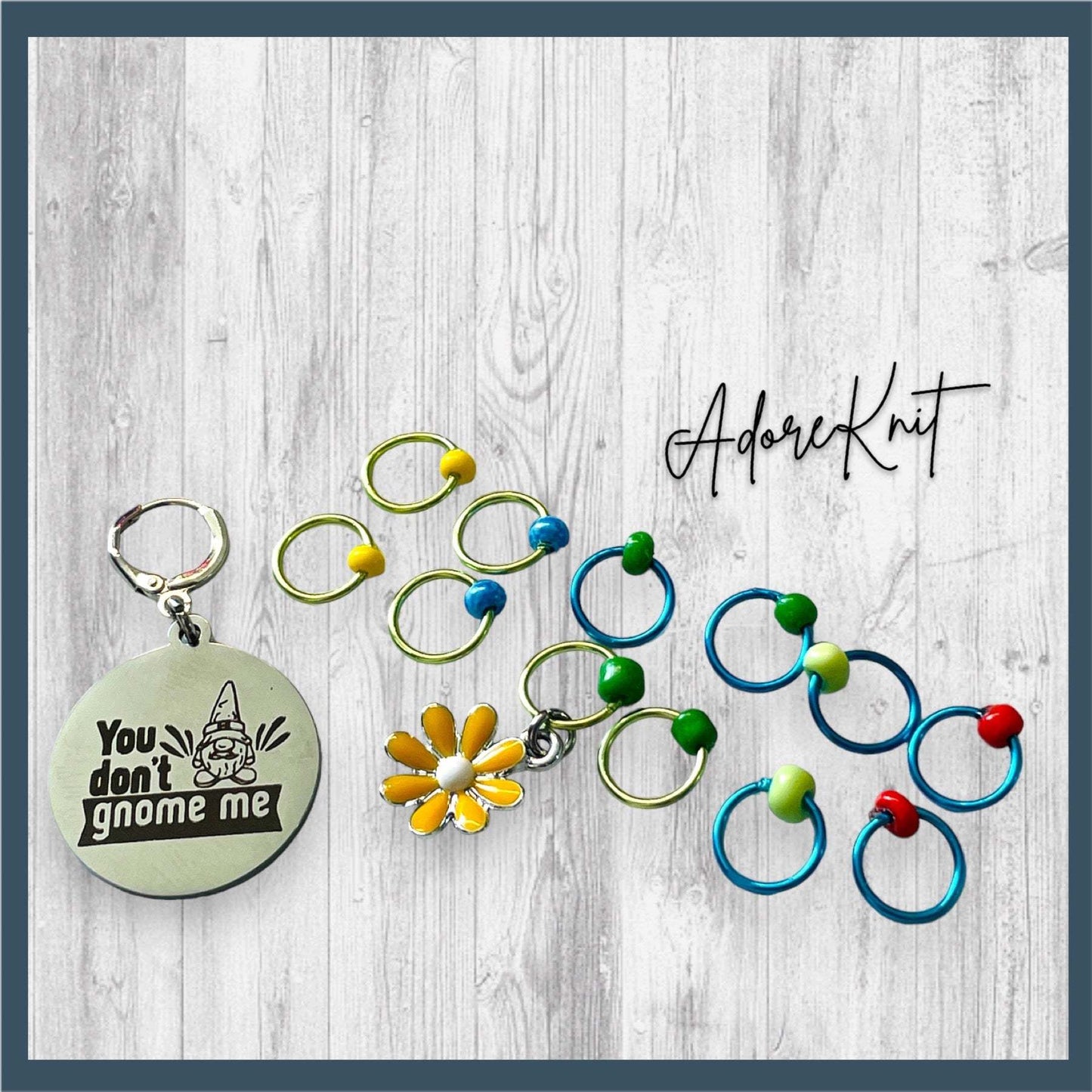 You Don't Gnome Me Progress and Stitch MarkersAdoreKnitYou Don't Gnome Me Progress and Stitch Markers. We couldn't decide if the Gnome house or the daisy went better for this set, so you decide!  Both match perfectly witStitch Markers