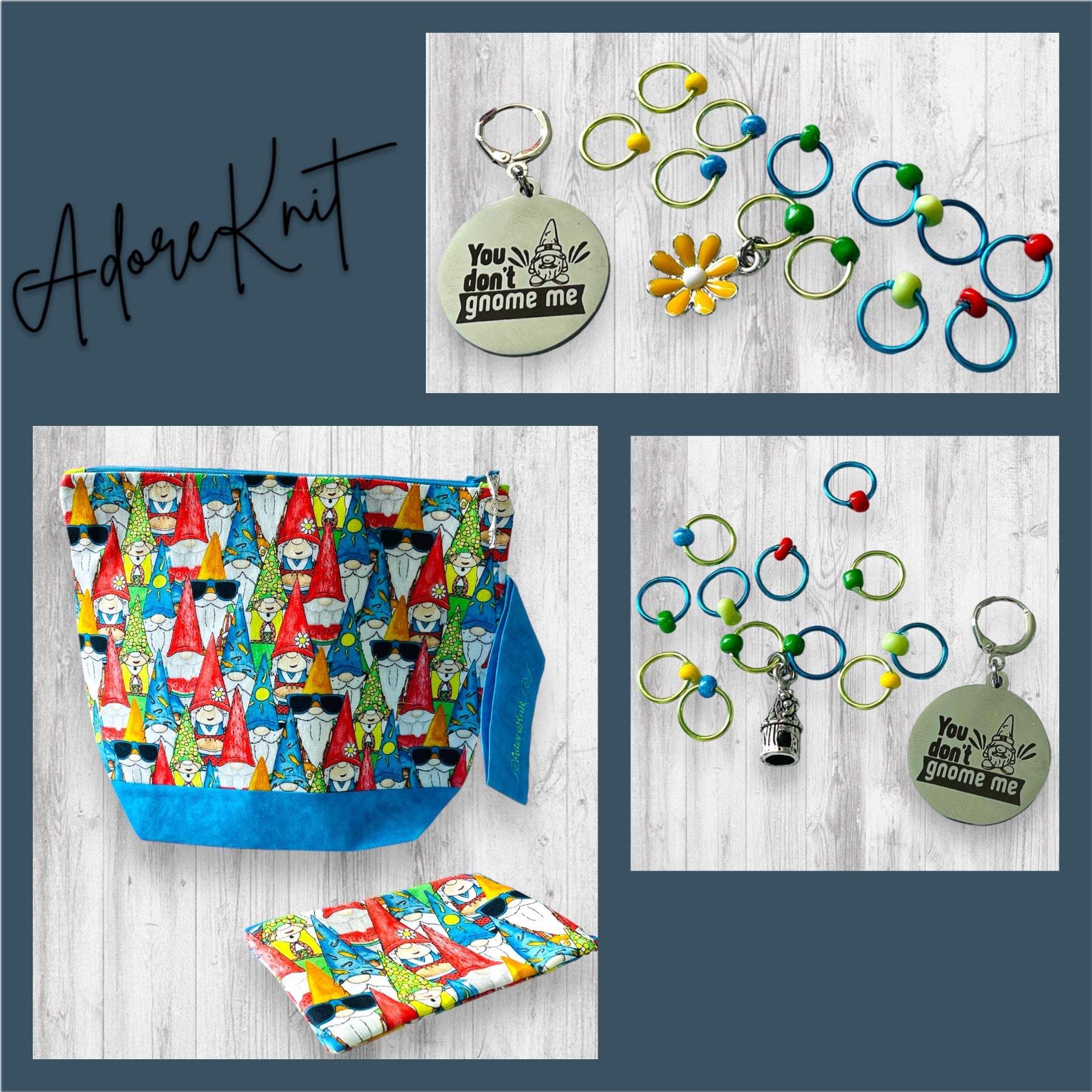 You Don't Gnome Me Progress and Stitch MarkersAdoreKnitYou Don't Gnome Me Progress and Stitch Markers. We couldn't decide if the Gnome house or the daisy went better for this set, so you decide!  Both match perfectly witStitch Markers