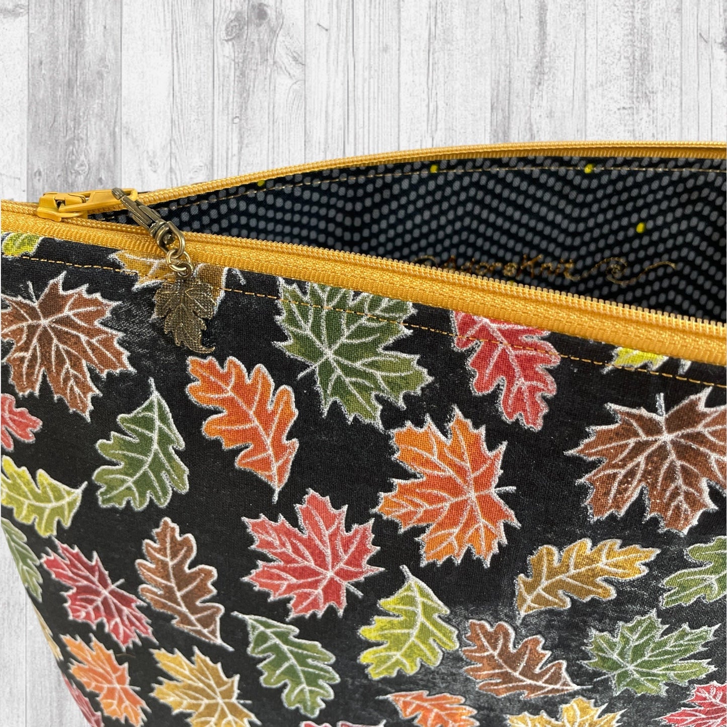 Autumn Leaves Black Project Bag - AdoreKnit
