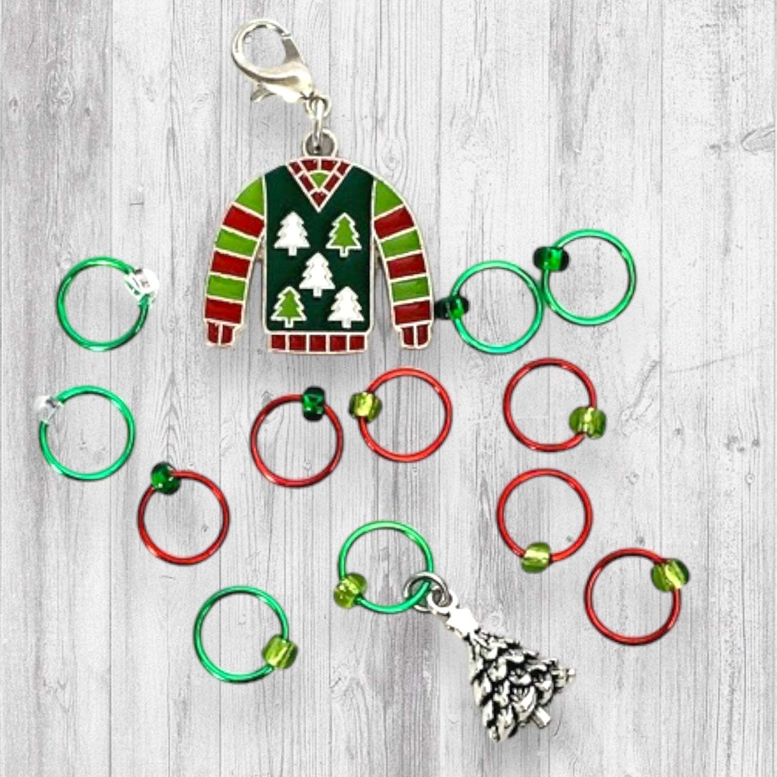 Ugly Christmas Trees Sweater Progress and Stitch Markers - AdoreKnit