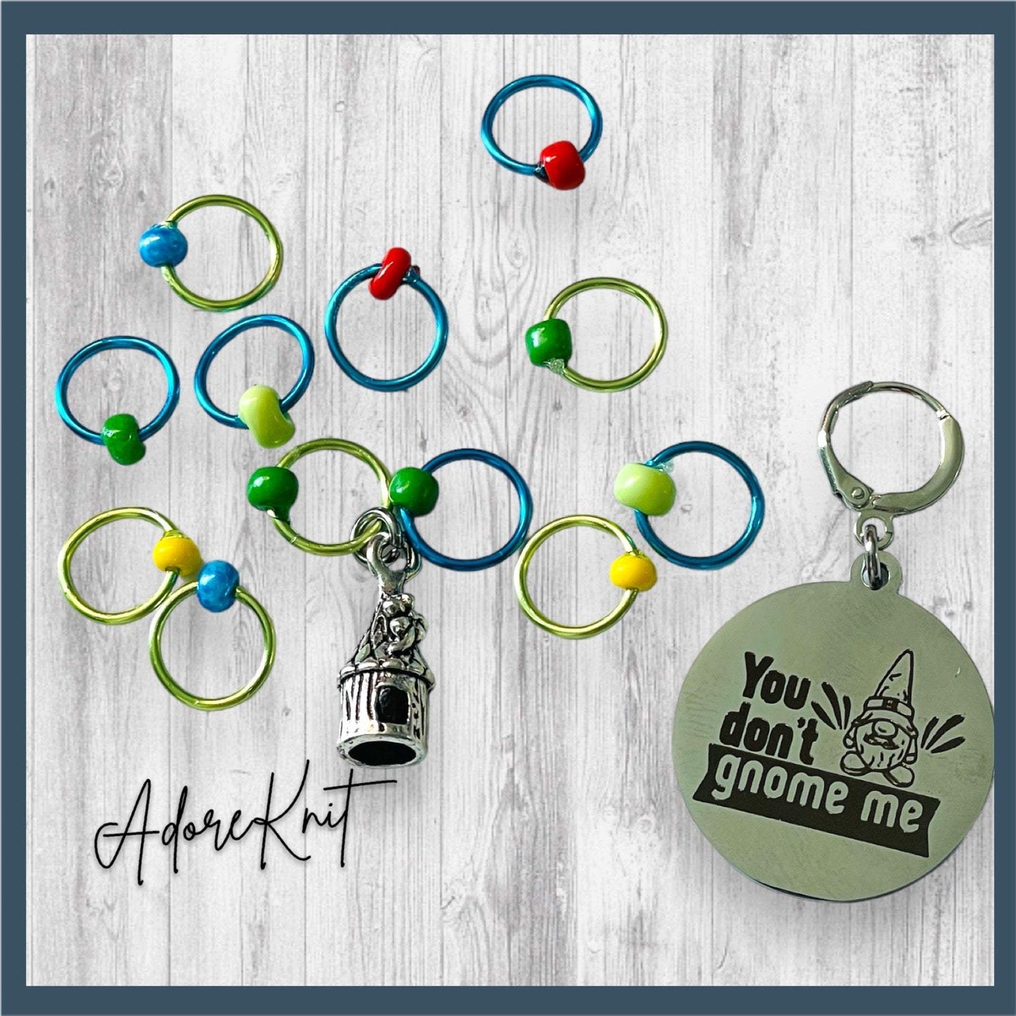 You Don't Gnome Me Progress and Stitch MarkersAdoreKnitYou Don't Gnome Me Progress and Stitch Markers. We couldn't decide if the Gnome house or the daisy went better for this set, so you decide!  Both match perfectly witStitch Markers