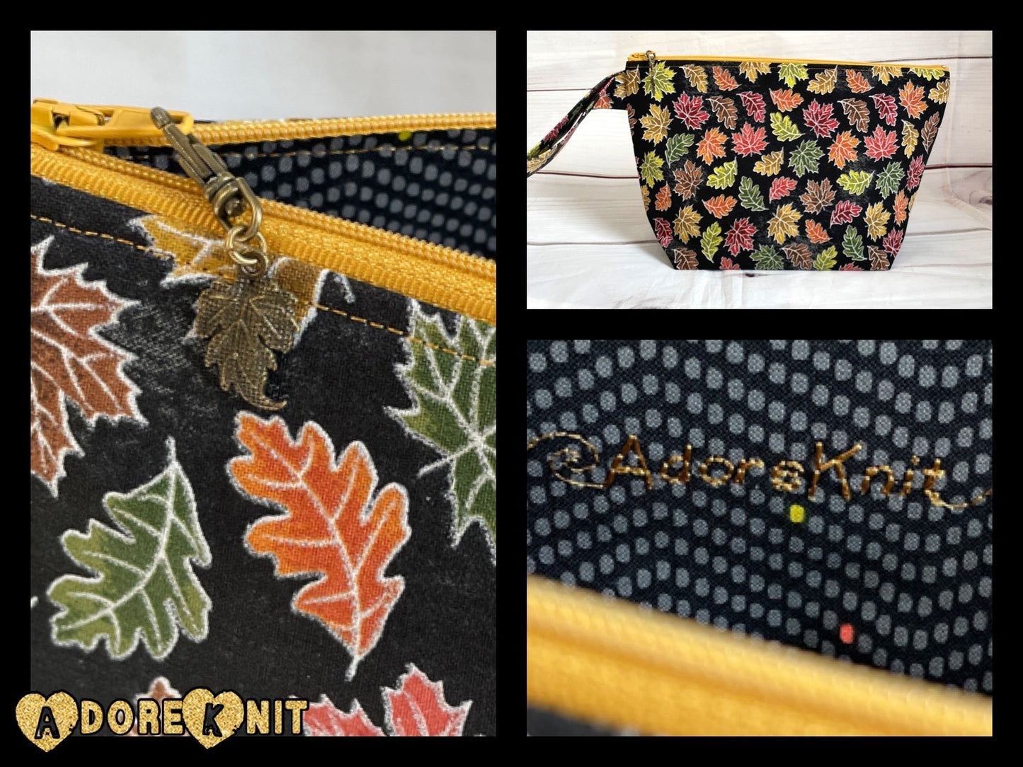 Autumn Leaves Black Project Bag - AdoreKnit