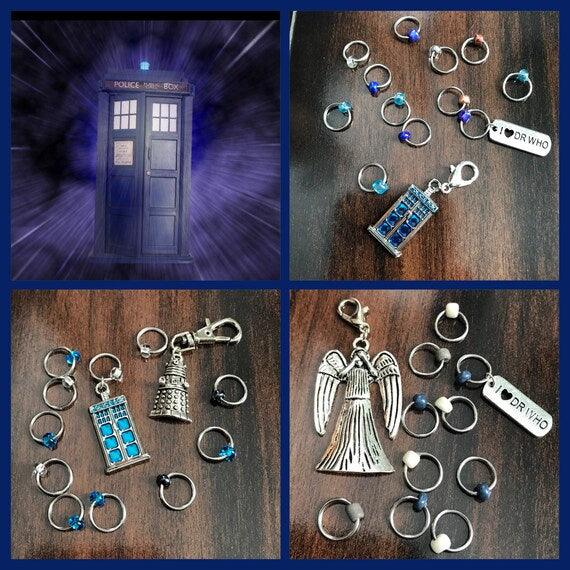 Something Blue Progress and Stitch MarkersAdoreKnitSomething Blue Progress and Stitch Marker Set.  Inspired by the Tardis and the Time Lord in the classic Science-Fiction show Doctor Who.  We all love Doctor Who arouBlue Progress