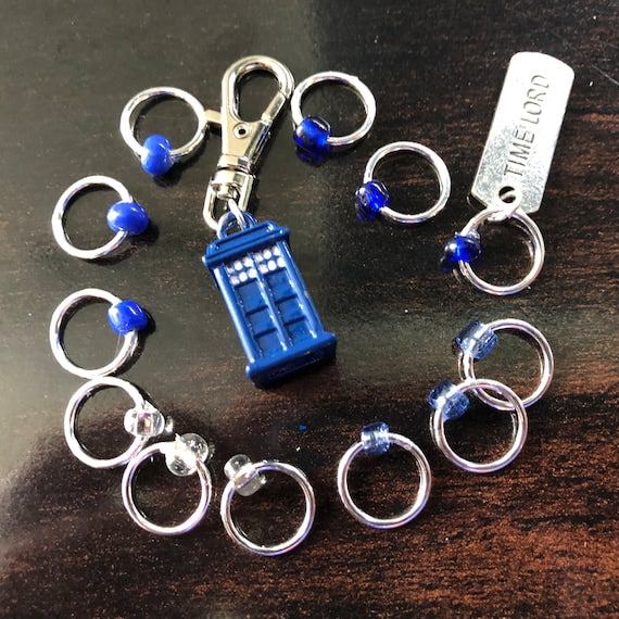 Something Blue Progress and Stitch MarkersAdoreKnitSomething Blue Progress and Stitch Marker Set.  Inspired by the Tardis and the Time Lord in the classic Science-Fiction show Doctor Who.  We all love Doctor Who arouBlue Progress
