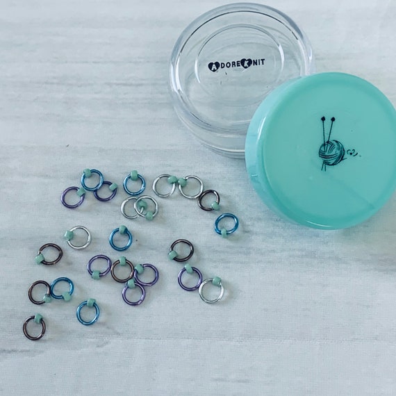 Sock Knitter's Companion Tiny Stitch Markers with Marker Container Double Aqua - AdoreKnit
