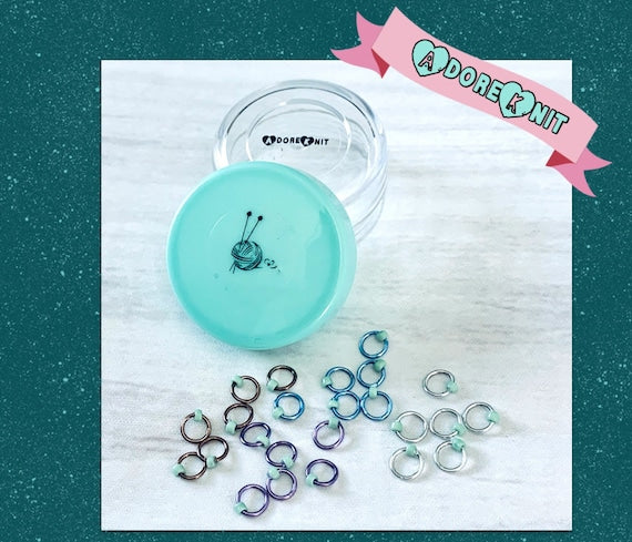 Sock Knitter's Companion Tiny Stitch Markers with Marker Container Double Aqua - AdoreKnit