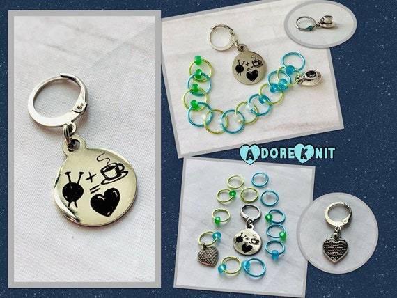 Love Some Knitting & Coffee Progress and Stitch MarkersAdoreKnitLove Some Knitting & Coffee Progress Marker and Stitch Markers.  Who doesn't love a nice warm beverage, their knitting and a new episode of your favorite show?  Knitting & Coffee Progress