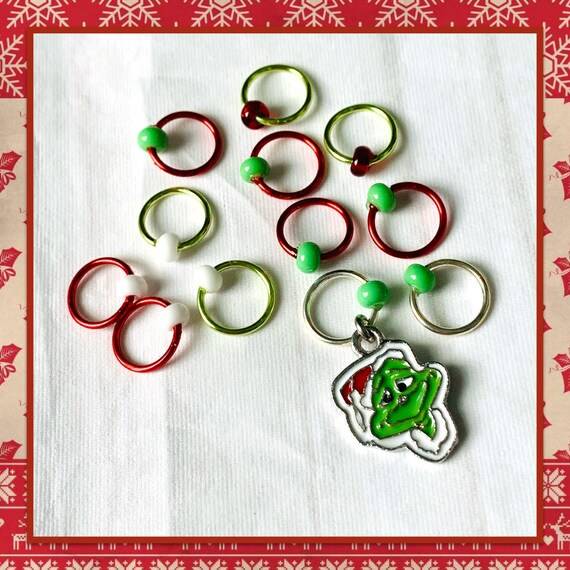 The Grinch Inspired Progress and Stitch MarkersAdoreKnitThe Grinch Progress and Stitch Markers. Inspired by the 1966 classic animated movie.  The prefect gift for a knitter! These stitch markers are great for a knitter orGrinch Inspired Progress