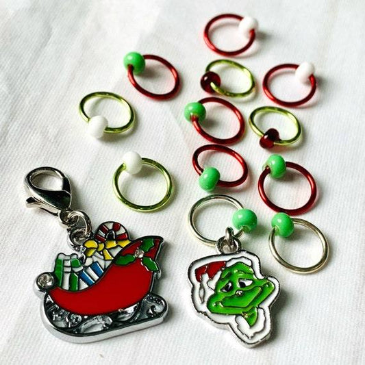 The Grinch Inspired Progress and Stitch MarkersAdoreKnitThe Grinch Progress and Stitch Markers. Inspired by the 1966 classic animated movie.  The prefect gift for a knitter! These stitch markers are great for a knitter orGrinch Inspired Progress