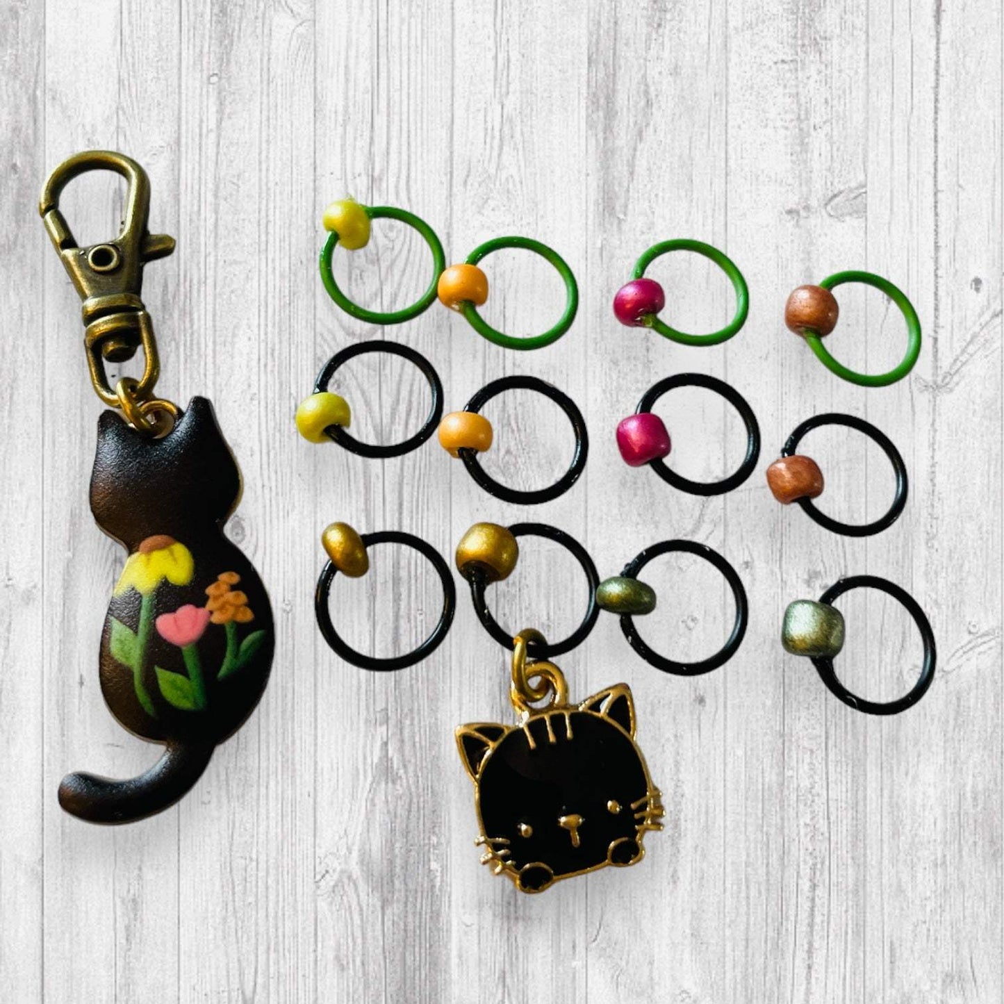 Garden Cat in Black Progress and Stitch Markers - AdoreKnit