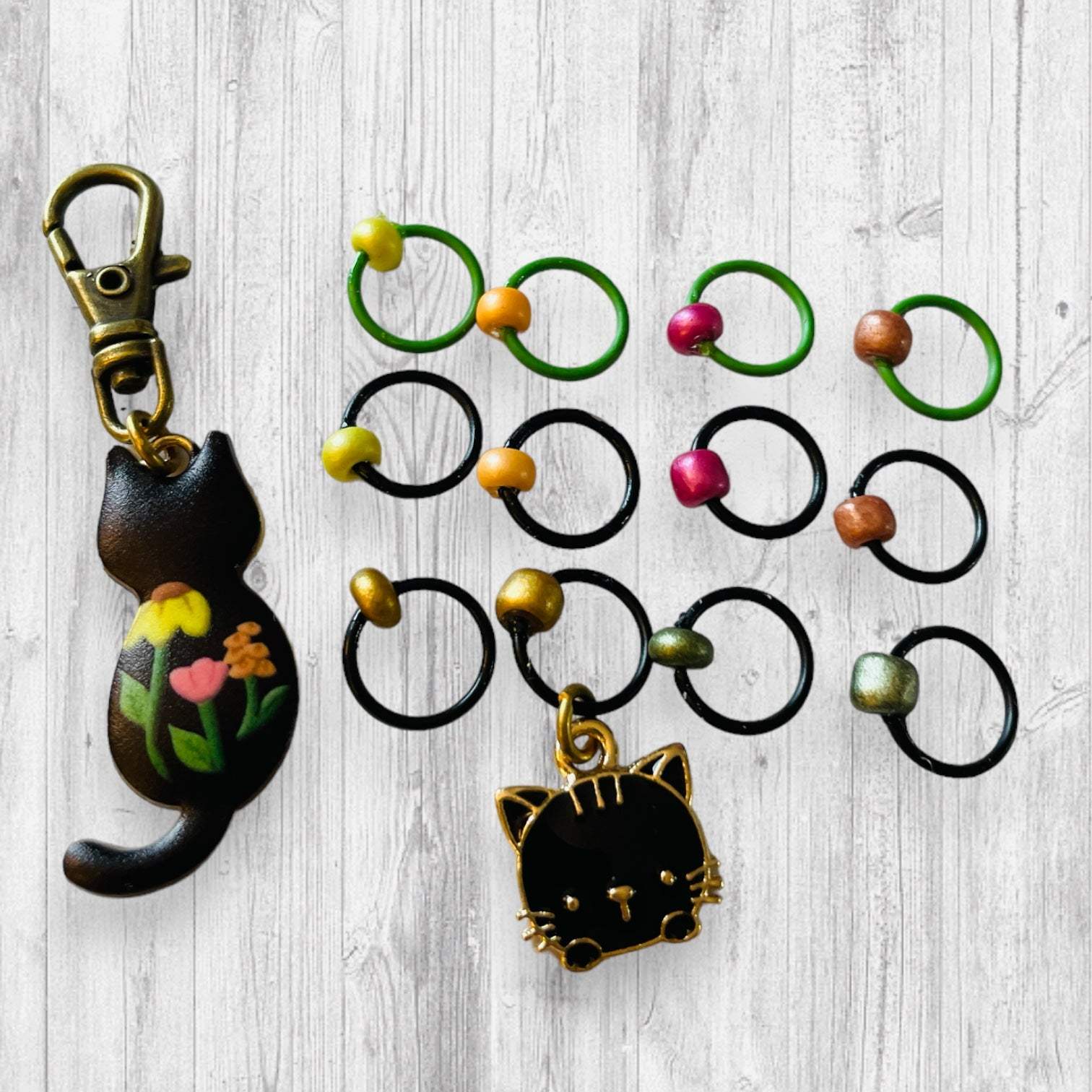 Garden Cat in Black Progress and Stitch Markers - AdoreKnit