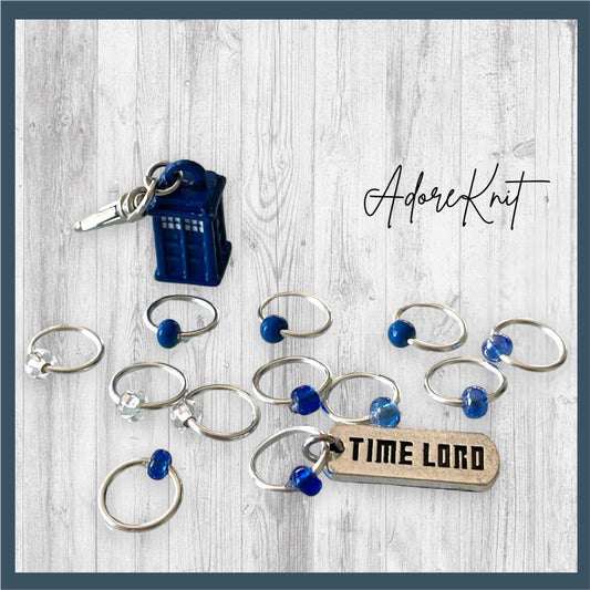 Something Blue Progress and Stitch MarkersAdoreKnitSomething Blue Progress and Stitch Marker Set.  Inspired by the Tardis and the Time Lord in the classic Science-Fiction show Doctor Who.  We all love Doctor Who arouBlue Progress
