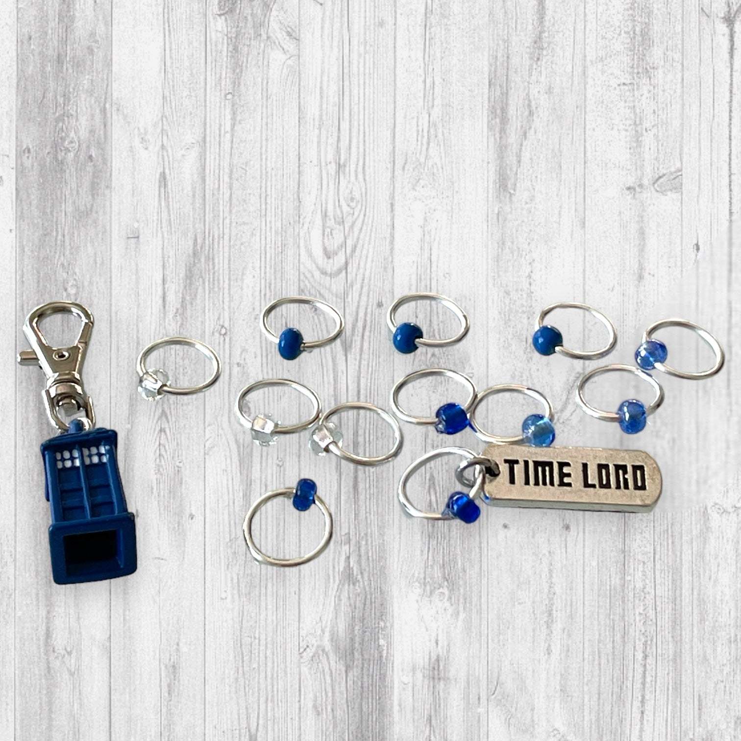 Something Blue Progress and Stitch MarkersAdoreKnitSomething Blue Progress and Stitch Marker Set.  Inspired by the Tardis and the Time Lord in the classic Science-Fiction show Doctor Who.  We all love Doctor Who arouBlue Progress