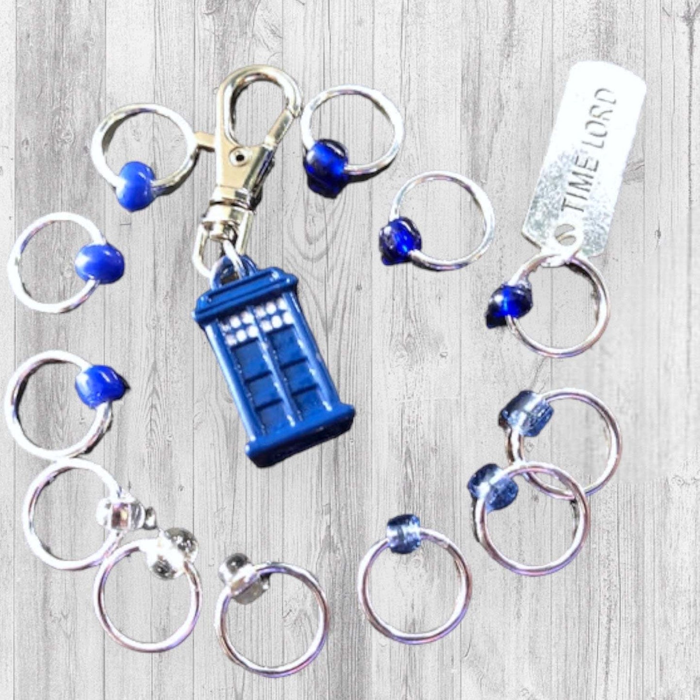 Something Blue Progress and Stitch MarkersAdoreKnitSomething Blue Progress and Stitch Marker Set.  Inspired by the Tardis and the Time Lord in the classic Science-Fiction show Doctor Who.  We all love Doctor Who arouBlue Progress