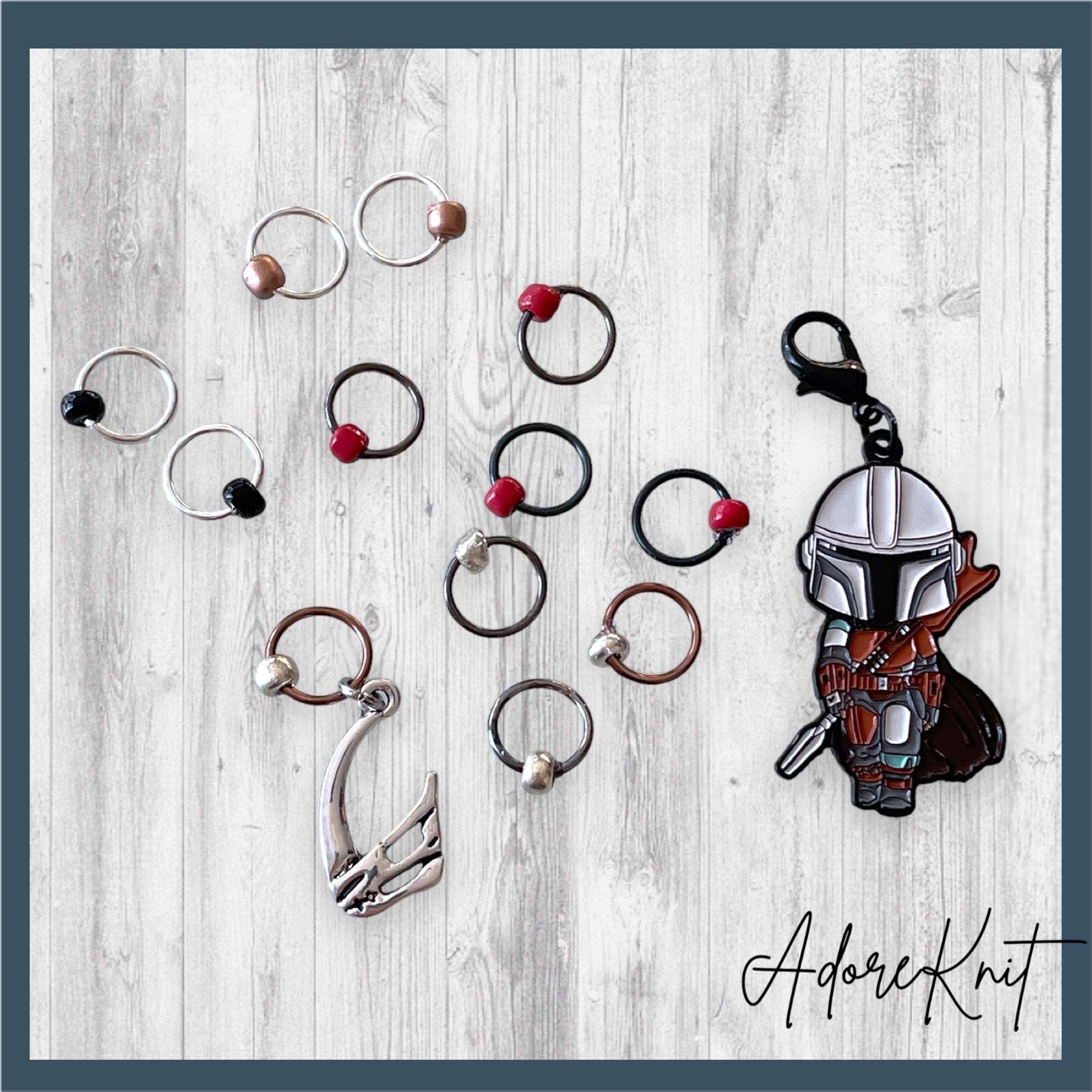 Next Generation Bounty Hunter Progress and Stitch MarkersAdoreKnitNext Generation Bounty Hunter Progress and Stitch Markers. Inspired by The Mandalorian, Din Djarin from the Mandalorian Series.  The prefect gift for a knitter! ThesGeneration Bounty Hunter Progress