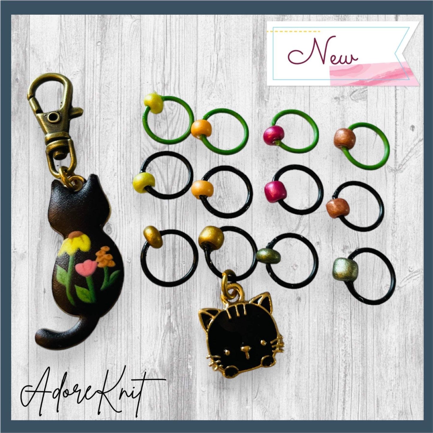 Garden Cat in Black Progress and Stitch Markers - AdoreKnit