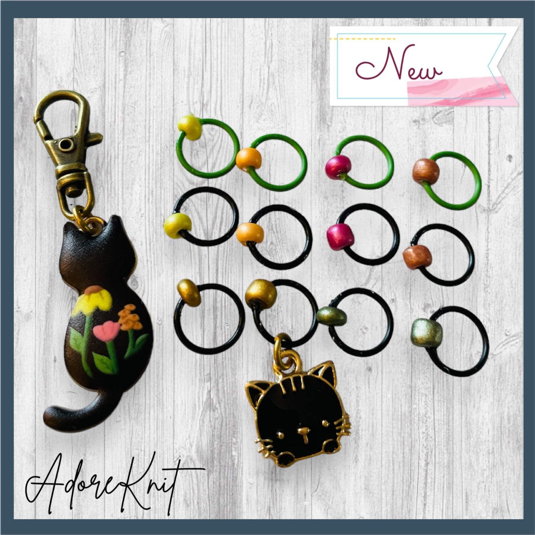 Garden Cat in Black Progress and Stitch Markers - AdoreKnit