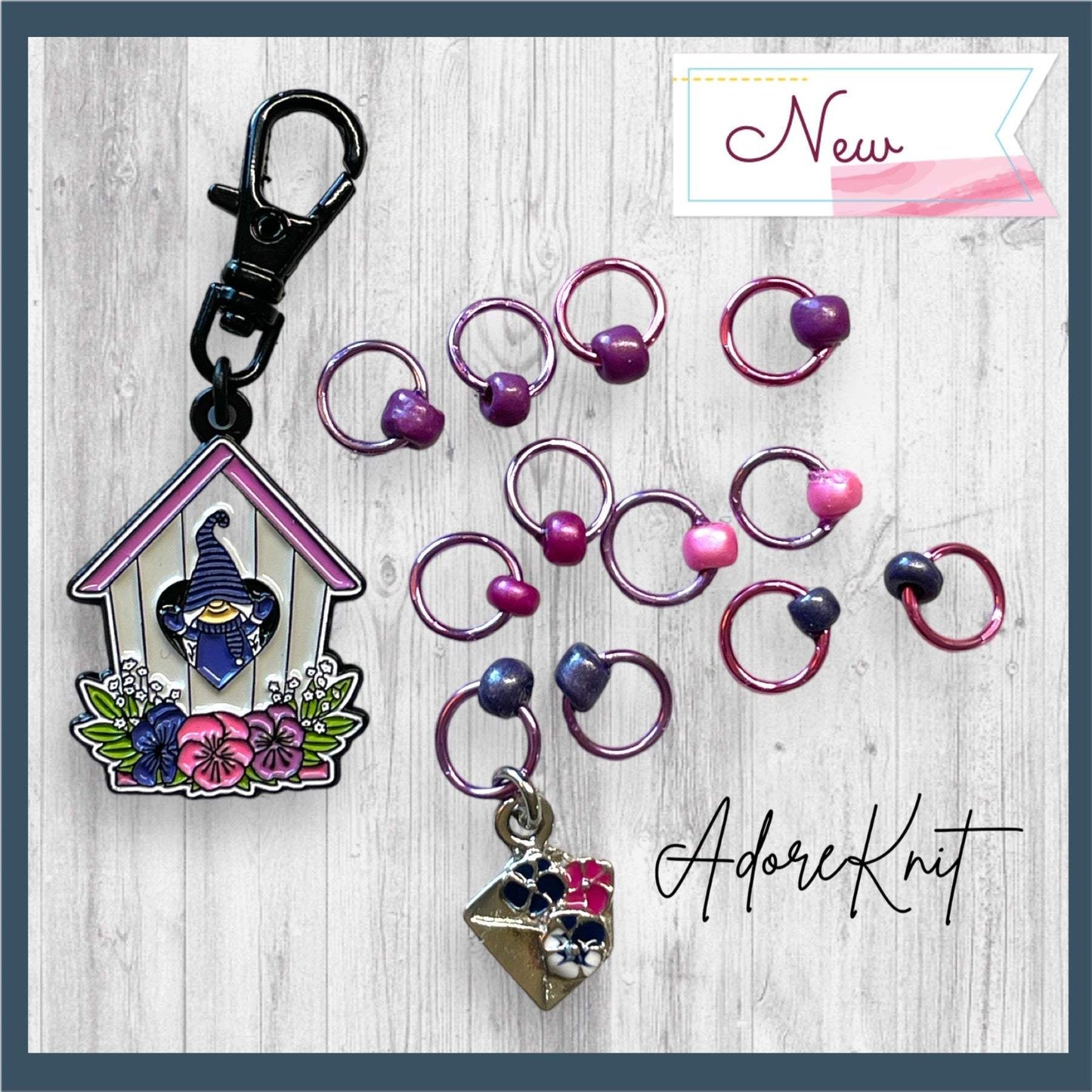 Gnome Place like Home Purple Pansies Progress and Stitch MarkersAdoreKnitAdoreKnit EXCLUSIVE! Gnome Place like Home with Purple Pansies Progress and Stitch Markers. For the longest time I didn't know what girl Gnomes looked like.  This laHome Purple Pansies Progress