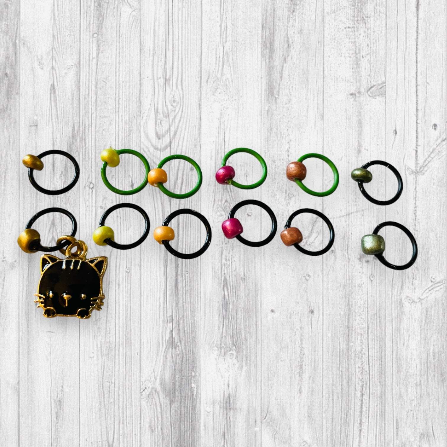 Garden Cat in Black Progress and Stitch Markers - AdoreKnit