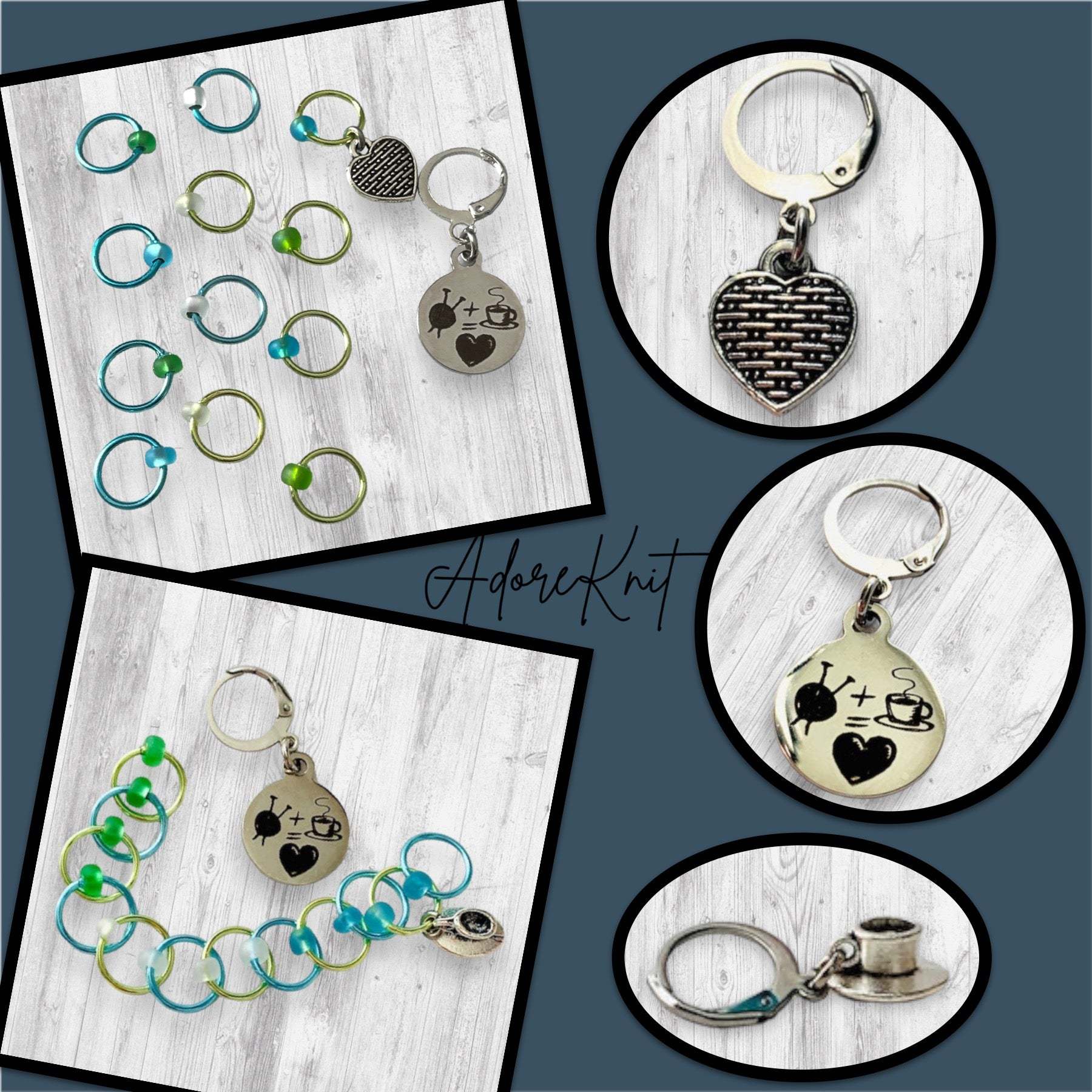 Love Some Knitting & Coffee Progress and Stitch MarkersAdoreKnitLove Some Knitting & Coffee Progress Marker and Stitch Markers.  Who doesn't love a nice warm beverage, their knitting and a new episode of your favorite show?  Knitting & Coffee Progress