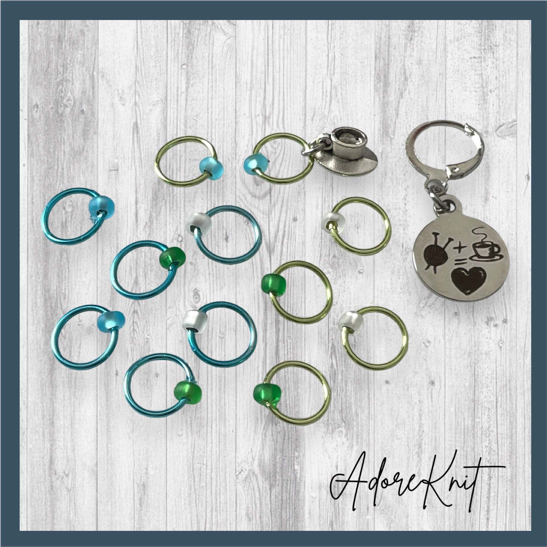 Love Some Knitting & Coffee Progress and Stitch MarkersAdoreKnitLove Some Knitting & Coffee Progress Marker and Stitch Markers.  Who doesn't love a nice warm beverage, their knitting and a new episode of your favorite show?  Knitting & Coffee Progress