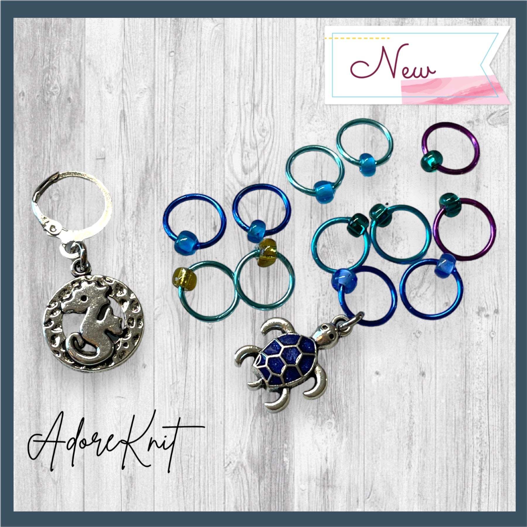 Seahorse and Blue Turtle Progress and Stitch MarkersAdoreKnitSeahorse and Blue Turtle Progress and Stitch Markers. The prefect gift for a knitter! These stitch markers are great for a knitter or crocheter. Include in a swap paBlue Turtle Progress