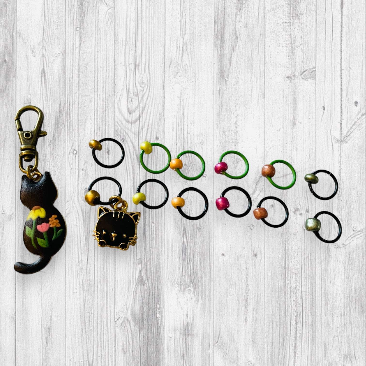 Garden Cat in Black Progress and Stitch Markers - AdoreKnit