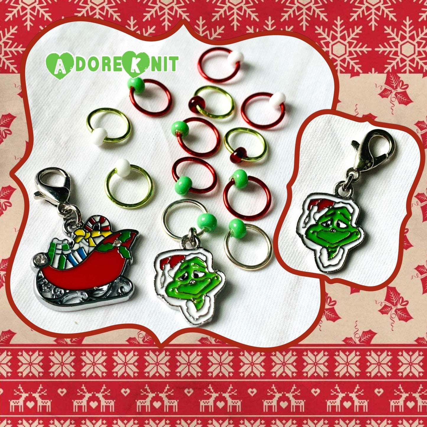 The Grinch Inspired Progress and Stitch MarkersAdoreKnitThe Grinch Progress and Stitch Markers. Inspired by the 1966 classic animated movie.  The prefect gift for a knitter! These stitch markers are great for a knitter orGrinch Inspired Progress