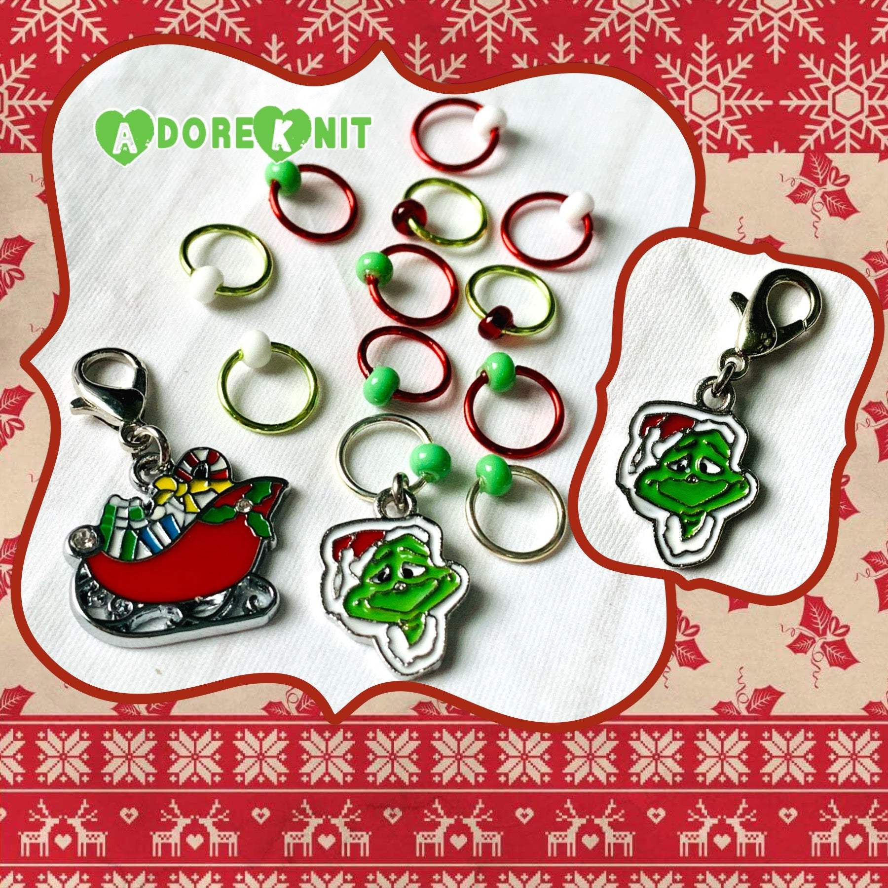 The Grinch Inspired Progress and Stitch MarkersAdoreKnitThe Grinch Progress and Stitch Markers. Inspired by the 1966 classic animated movie.  The prefect gift for a knitter! These stitch markers are great for a knitter orGrinch Inspired Progress