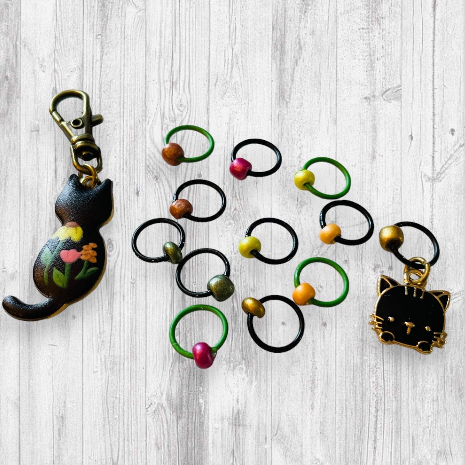 Garden Cat in Black Progress and Stitch Markers - AdoreKnit