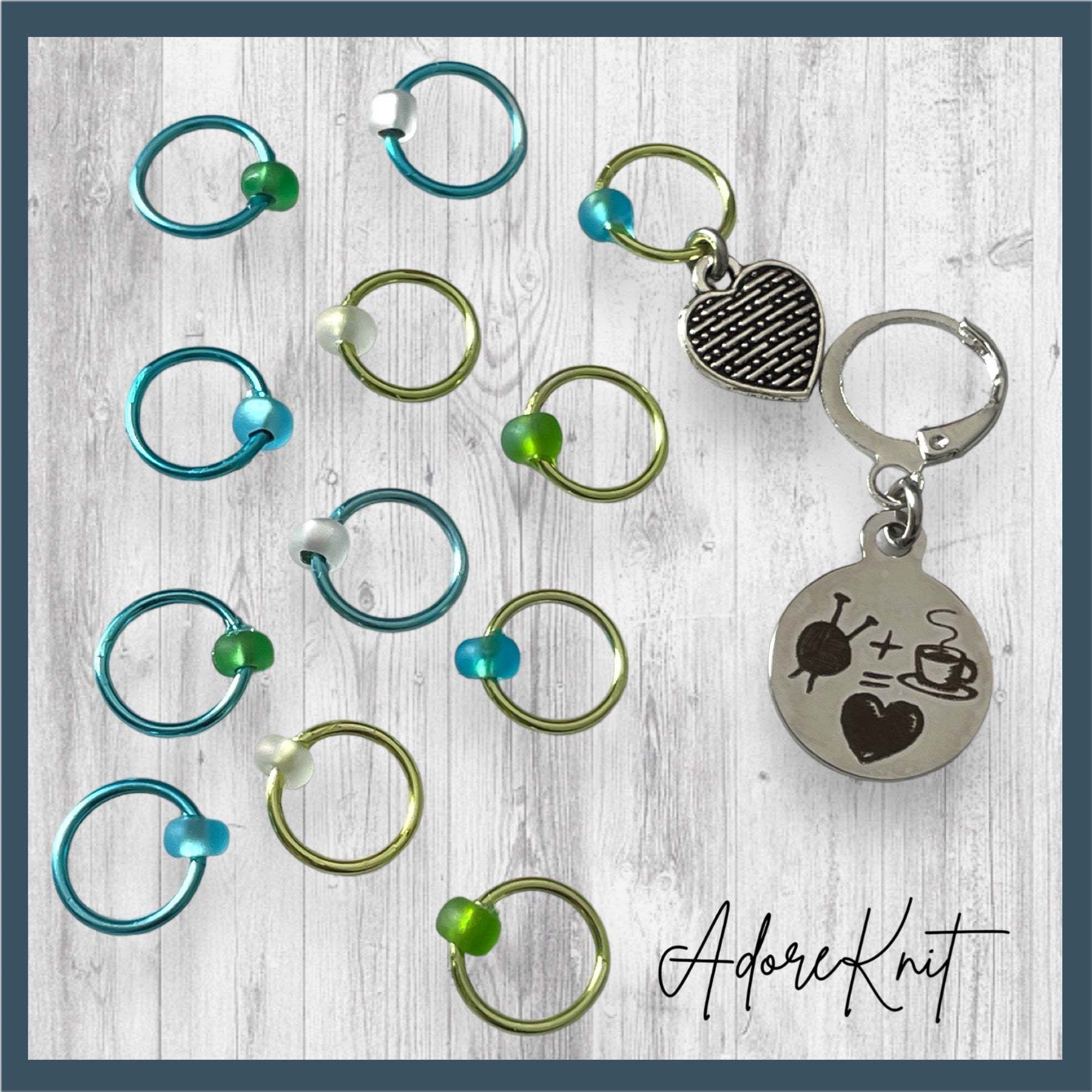 Love Some Knitting & Coffee Progress and Stitch MarkersAdoreKnitLove Some Knitting & Coffee Progress Marker and Stitch Markers.  Who doesn't love a nice warm beverage, their knitting and a new episode of your favorite show?  Knitting & Coffee Progress