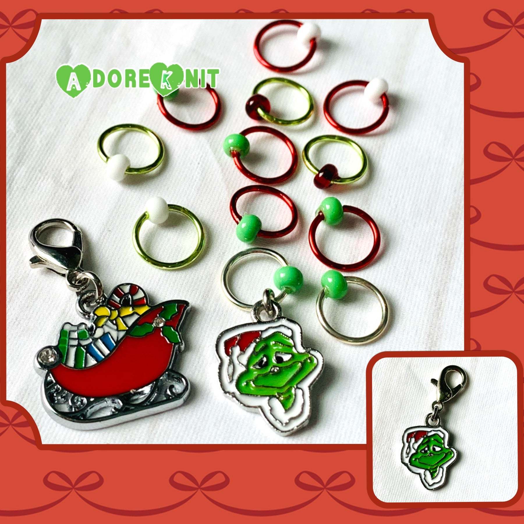 The Grinch Inspired Progress and Stitch MarkersAdoreKnitThe Grinch Progress and Stitch Markers. Inspired by the 1966 classic animated movie.  The prefect gift for a knitter! These stitch markers are great for a knitter orGrinch Inspired Progress