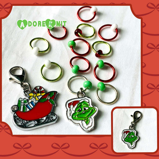 The Grinch Inspired Progress and Stitch MarkersAdoreKnitThe Grinch Progress and Stitch Markers. Inspired by the 1966 classic animated movie.  The prefect gift for a knitter! These stitch markers are great for a knitter orGrinch Inspired Progress